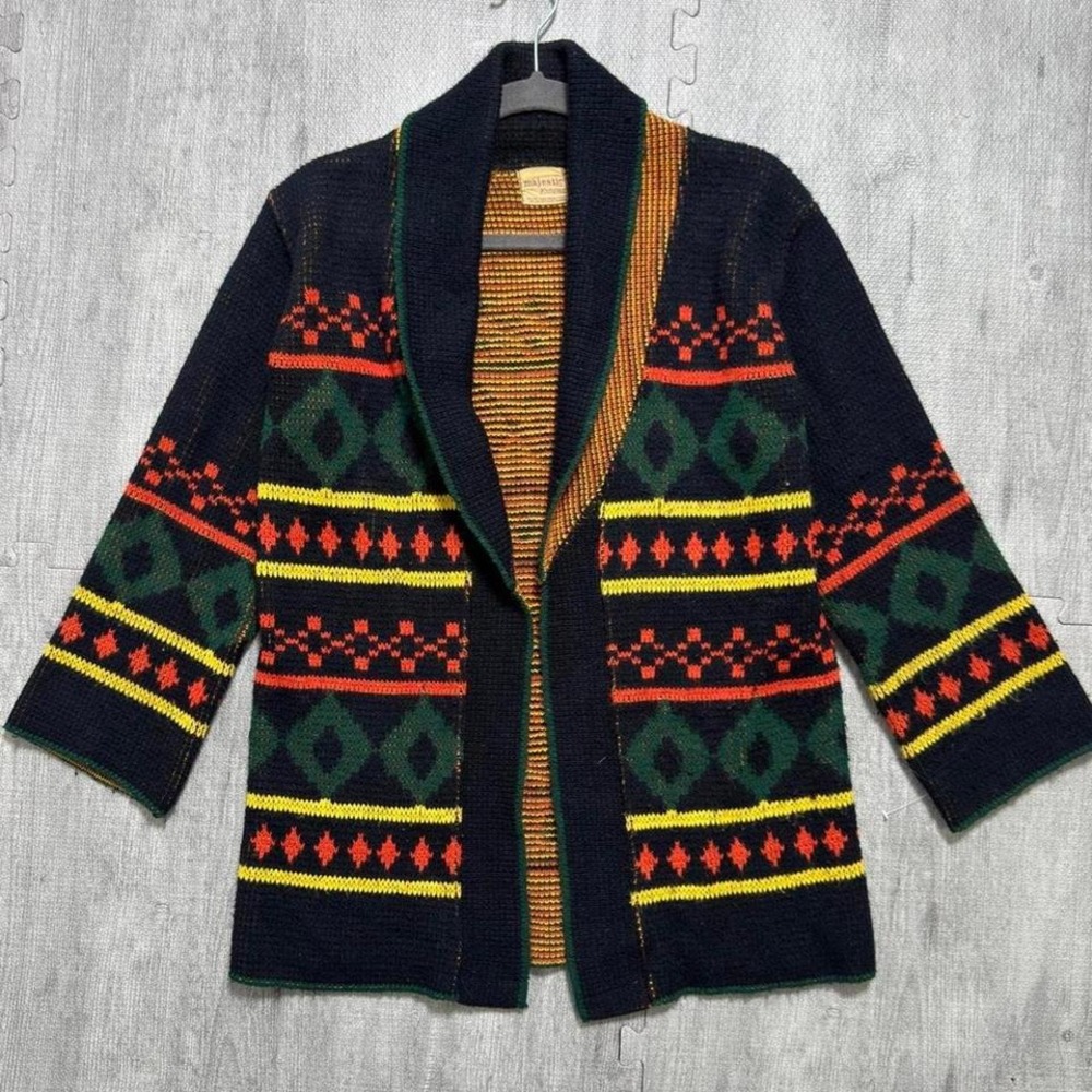 Vintage Majestic‎ Knitwear Geometric Shawl Collar Open Front Cardigan Women's M